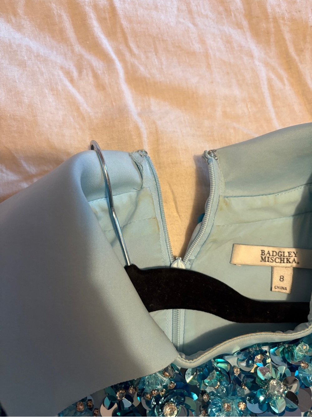 Badgley Mischka Light Blue Long-Sleeve Embellished Sheath Dress - Picture 7 of 9